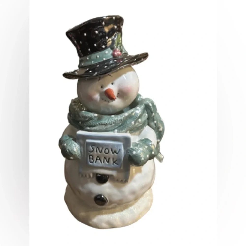 Occasions Festive Snowman piggy bank bobble head  with Black Hat and Green Scarf